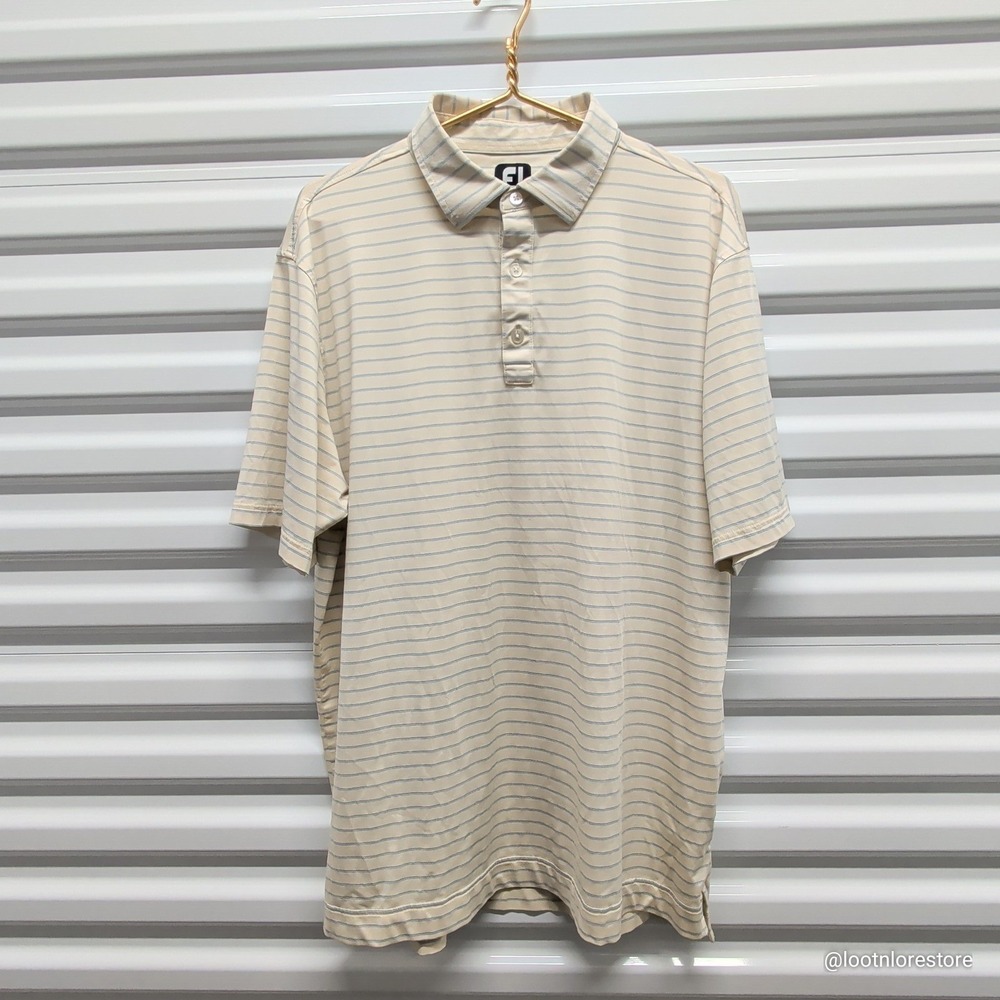 FootJoy Golf Polo Shirt Mens XL Cream Blue Striped Performance Short Sleeve FJ